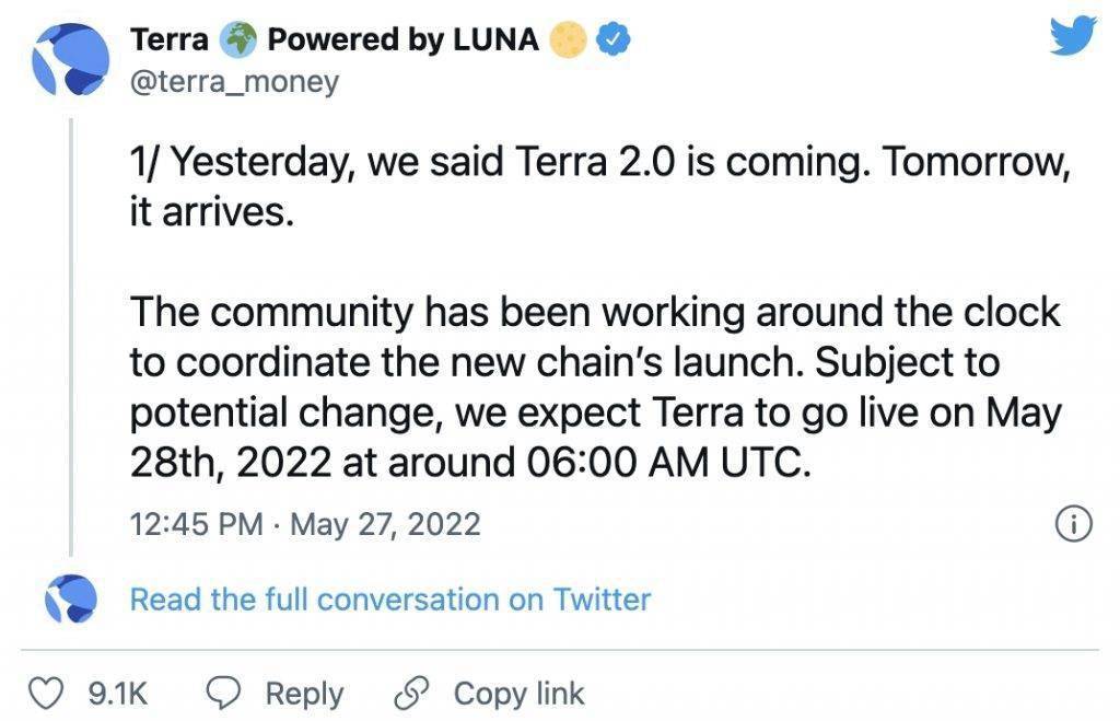 崩盘后的 LUNA 币换个新链卷土重来，上线半天又暴跌 70%