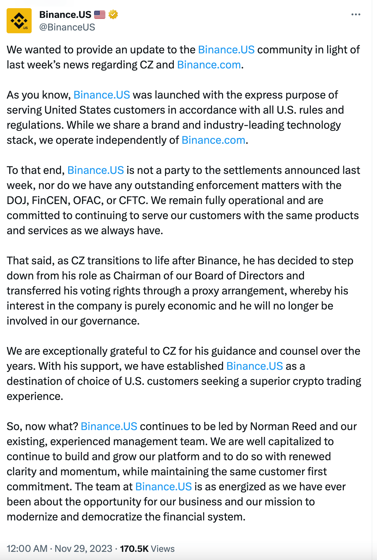 赵长鹏辞去币安美国董事会主席职务，此前已辞任币安CEO