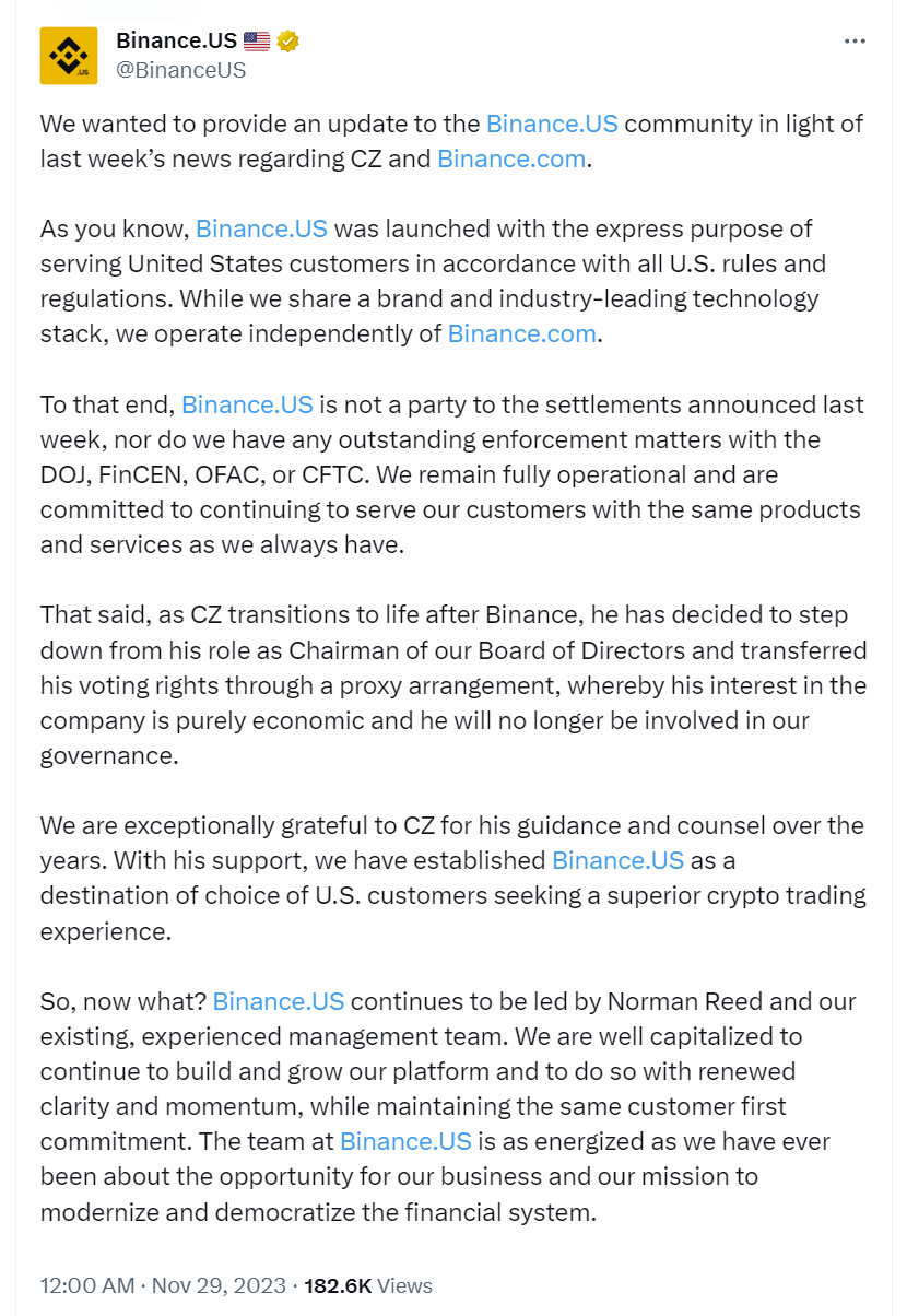 币安美国：赵长鹏辞去董事会主席职务