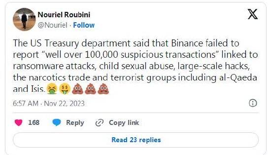 “末日博士”鲁比尼回应币安CEO下台：“终于滚蛋了！”