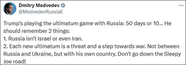 梅德韦杰夫警告特朗普：每一次“最后通牒”就进一步增加了战争威胁，别学拜登
