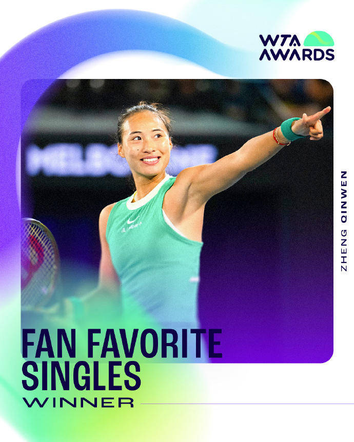 蝉联人气女王！郑钦文再次当选WTA最受欢迎单打球员